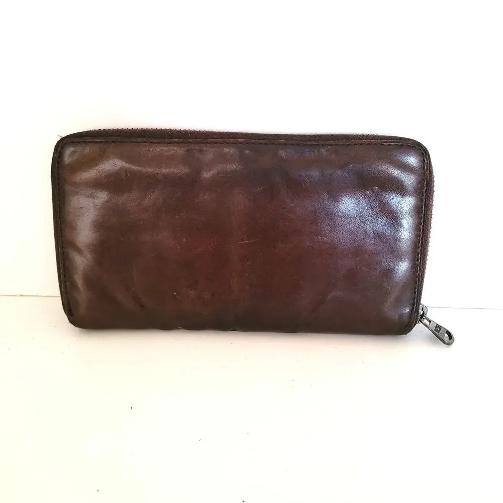Diesel Brown Pink Leather Large Wallet Clutch‎ Accordion Zip Around Long Logo